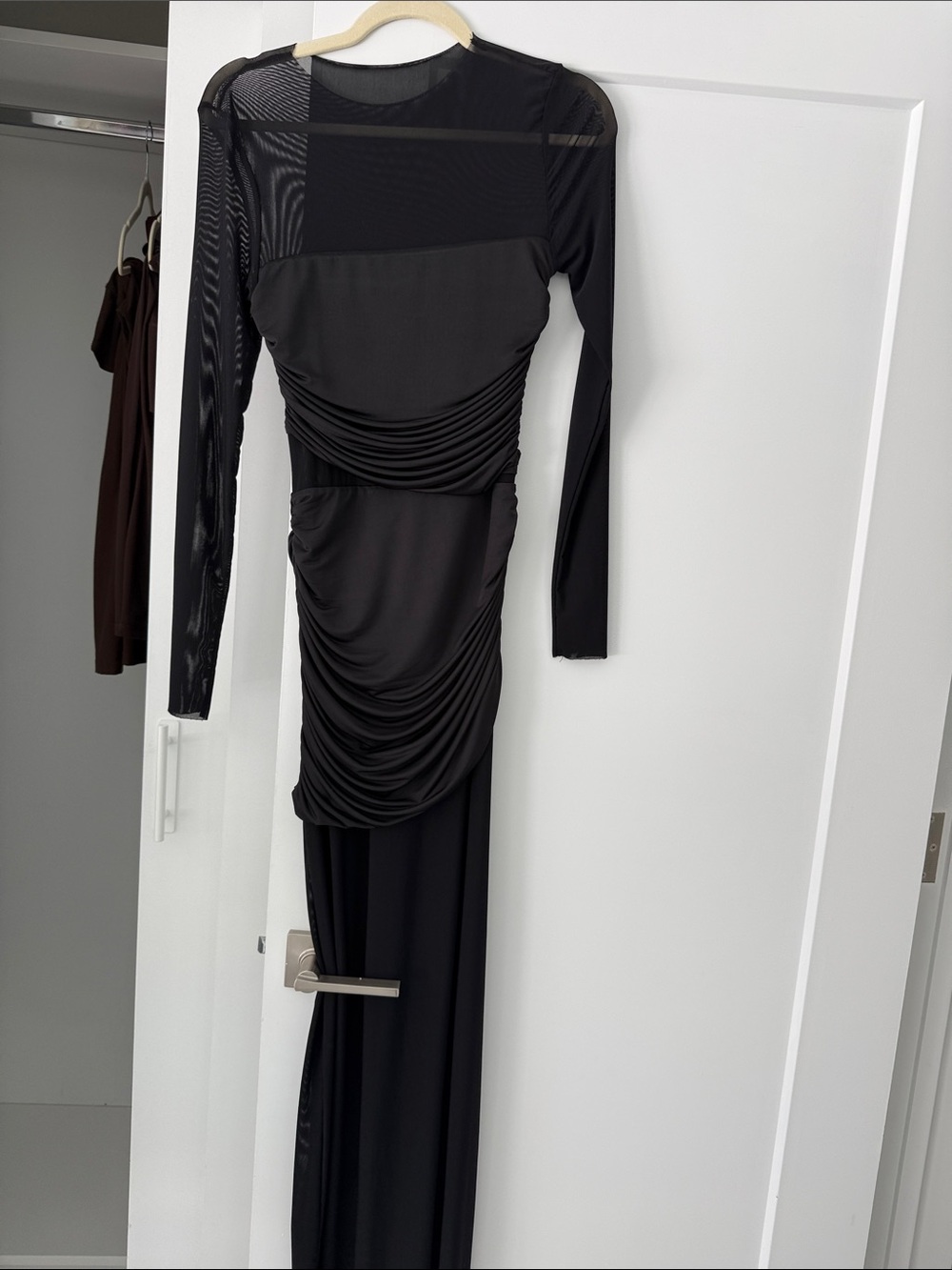 Meshki Black Sheer Yoke Ruched Long Sleeve Gown
